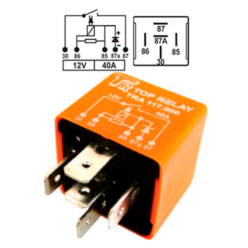 RELE AUXILIAR 5 PATAS 12V 30/40A CON DIODO Y RESITENCIA PARALELO A LA BOBINA