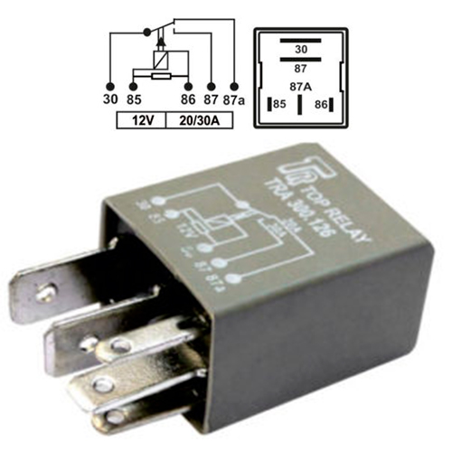 MINIRELE AUXILIAR  5 PATAS (2 AGUJA) CON RESISTENCIA 12V 20/30A