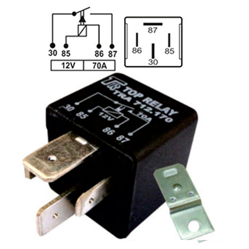 RELE AUXILIAR DE POTENCIA 4 PATAS CON SOPORTE METALICO 12V 70A