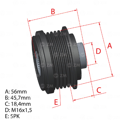 [96.012.47] POLEA RUEDA LIBRE HYUNDAI I30 I20 IX35 KIASPORTAGE SOUL RIO III CARENS IV 5PK X 16252902A000 9601247 5763
