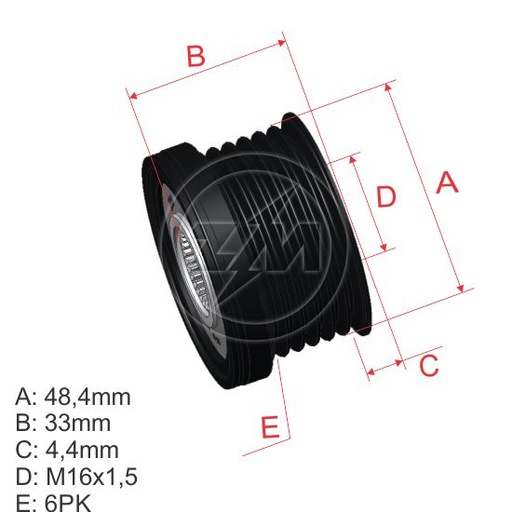 [96.012.41] POLEA RUEDA LIBRE FORD ECOSPORT1.6 12 FIESTA 1.510 FOCUS 11 501525 6X16